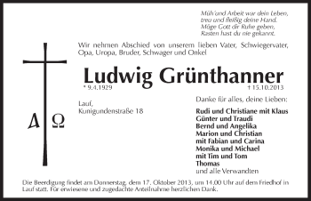 Traueranzeige von Ludwig Grünthanner von Pegnitz-Zeitung